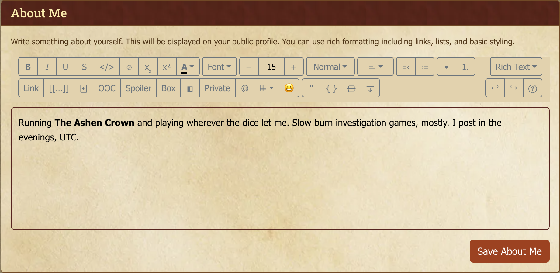 About Me editor.