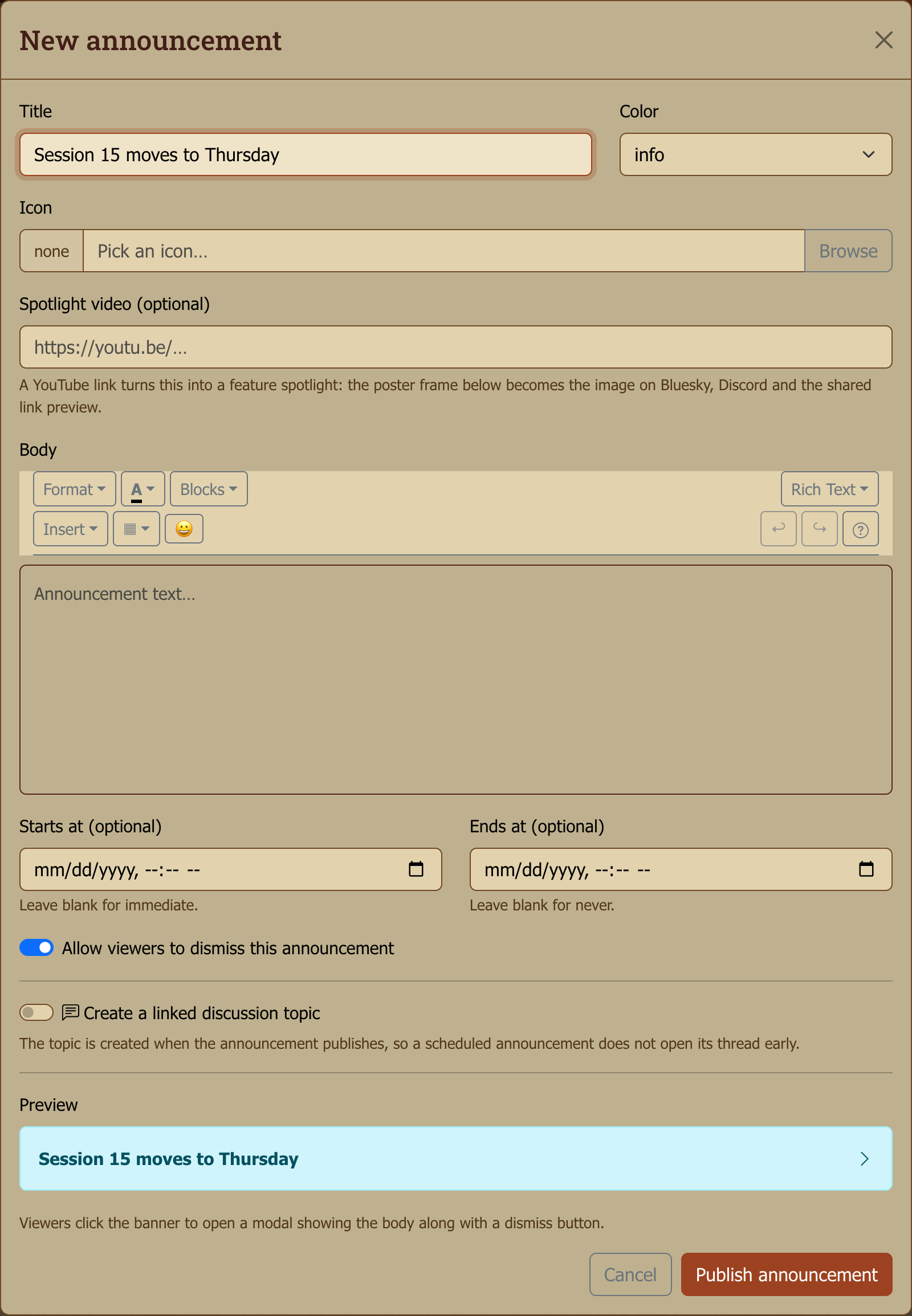 The New announcement dialog: colour variant, icon picker, body editor, scheduling window, and the live preview of the banner readers will see.