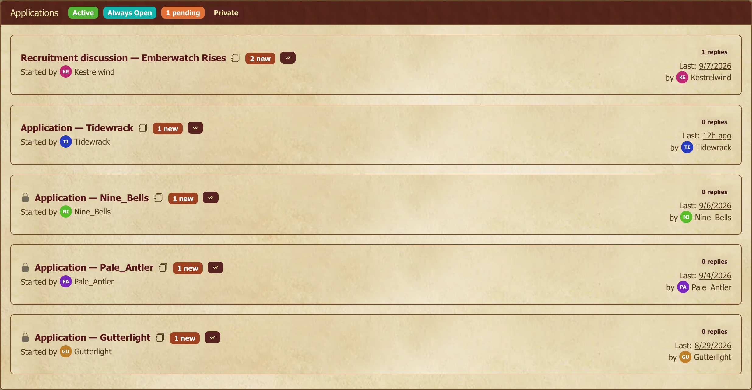 Applications tab with several cards in different states.