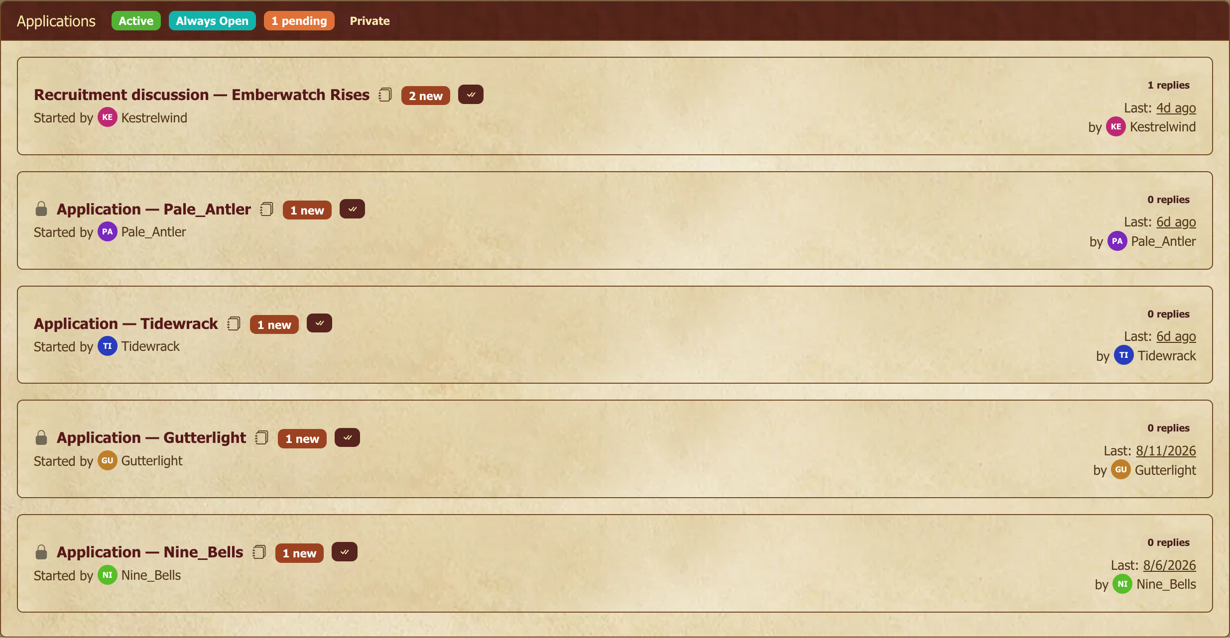 Applications tab with several cards in different states.