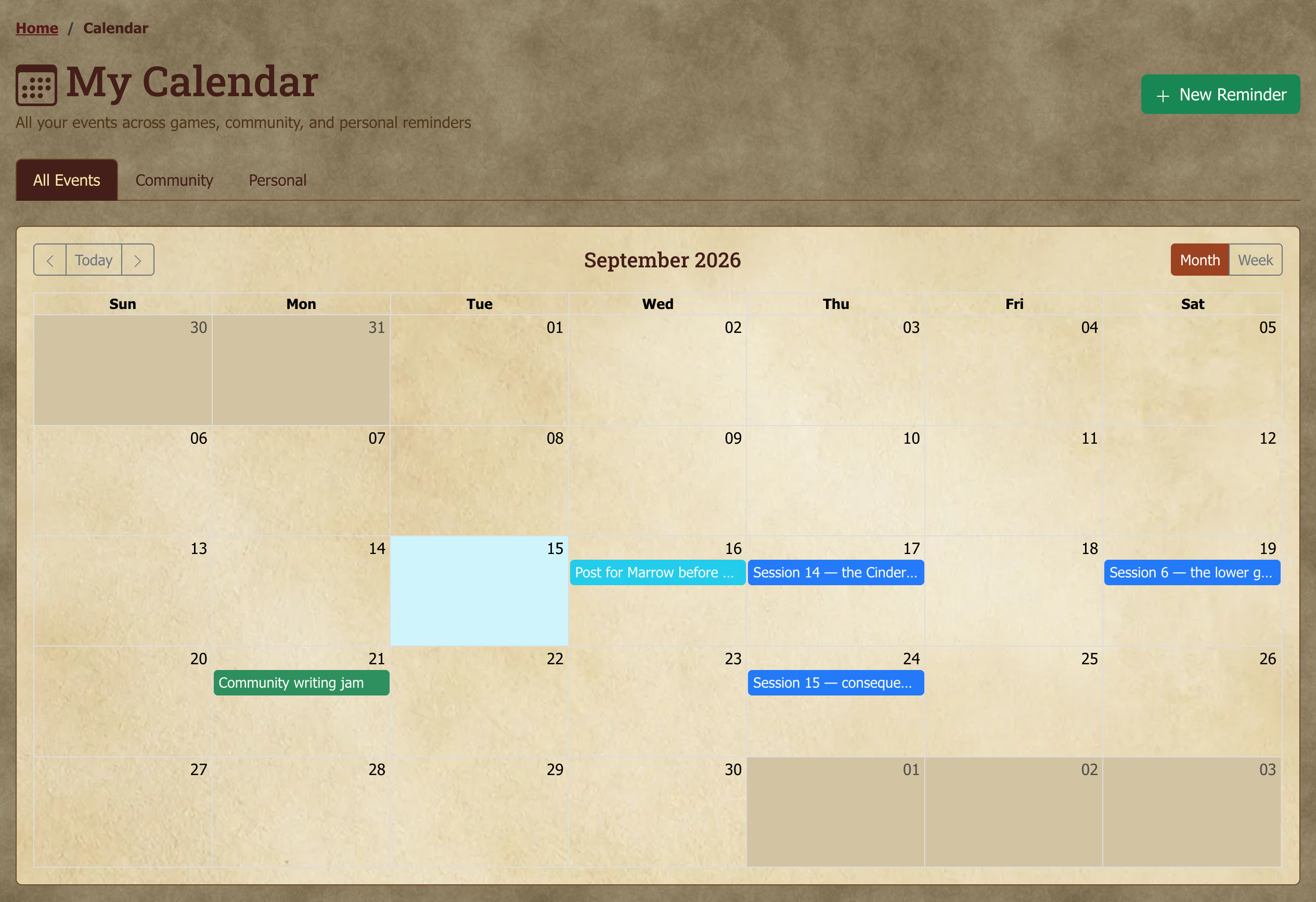 Calendar month view with several events visible.