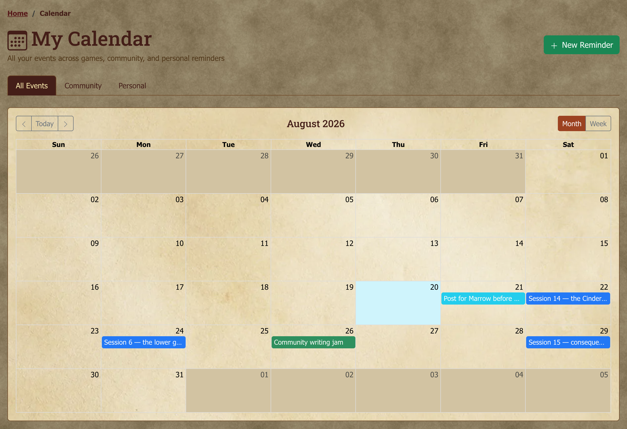 Calendar month view with several events visible.