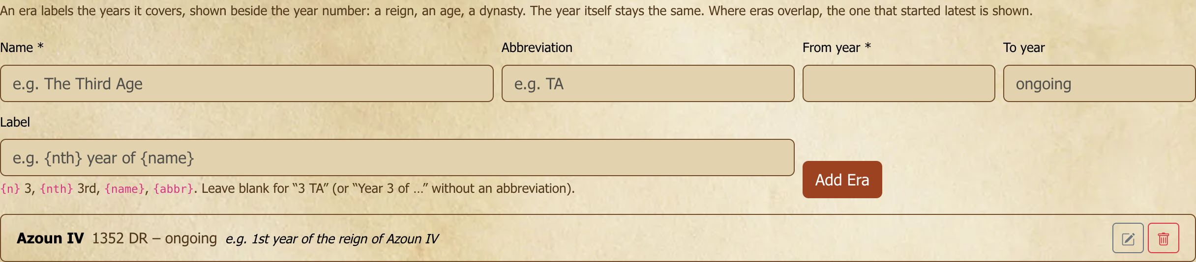 The Eras tab in a calendar's settings: the reign of Azoun IV, starting in 1352 DR, labels each year it covers as the *nth year of the reign of Azoun IV*.