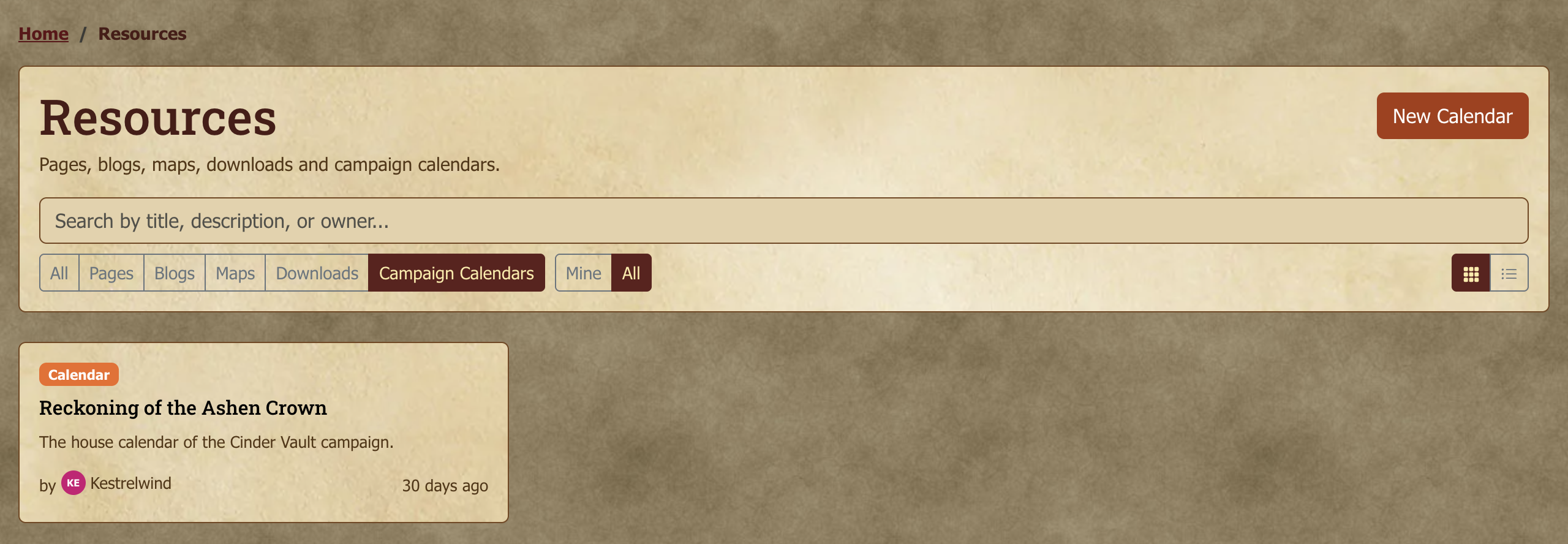 **All Resources** showing only campaign calendars. **New Calendar** starts one that isn't tied to a game.