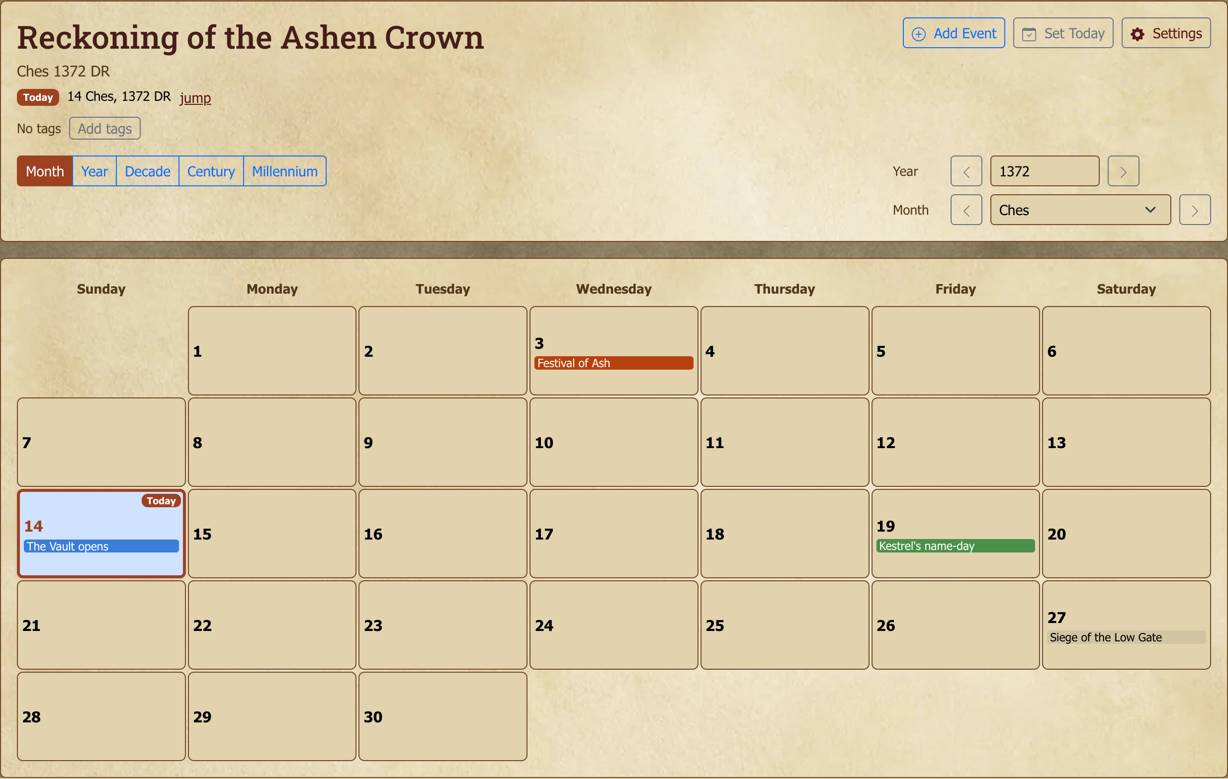 A campaign calendar in month view: your own month names, your own year, and events on the days that matter.