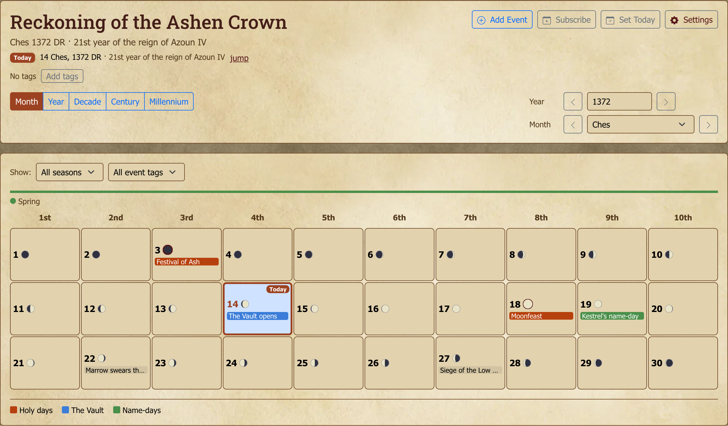 A campaign calendar in month view: your own month names and year, the season above the grid, the moon's phase on every day, color-coded events, and the color legend underneath.