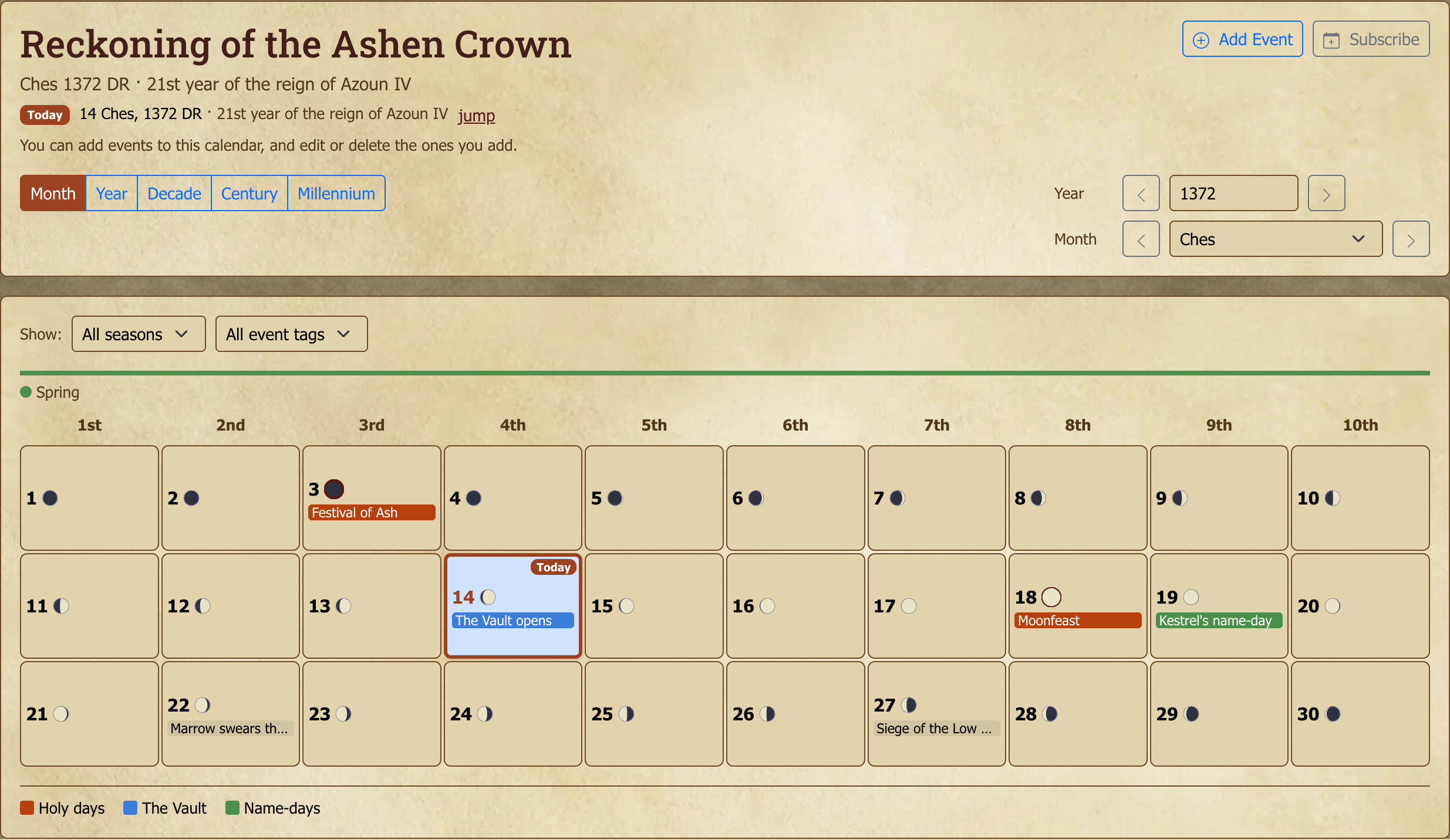 A player's view of a calendar that lets members add events: **Add Event**, and their own event on the 22nd.