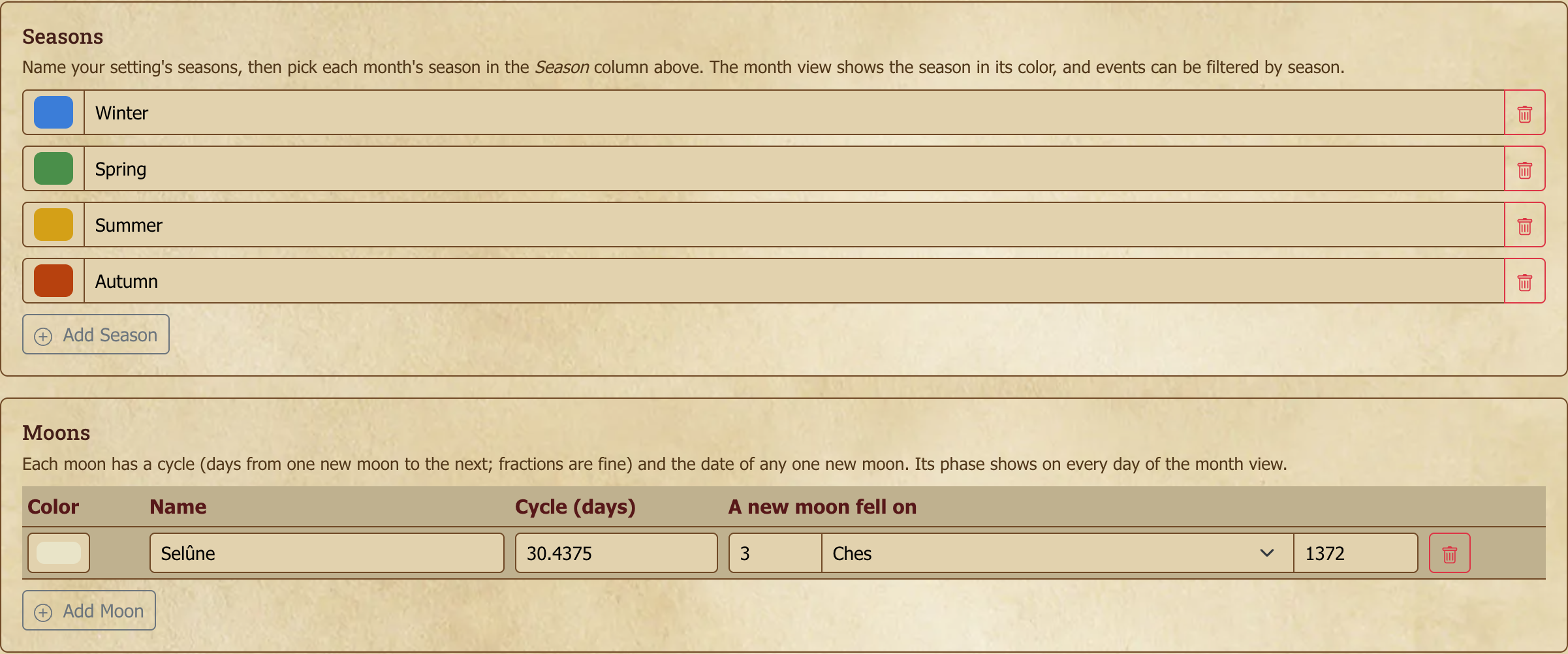 Seasons and moons in a calendar's settings: four seasons, each with its color, and Selûne with its 30.4375-day cycle and the date of a new moon.