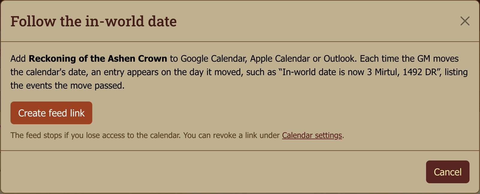 **Subscribe** on a campaign calendar. **Create feed link** makes your link.