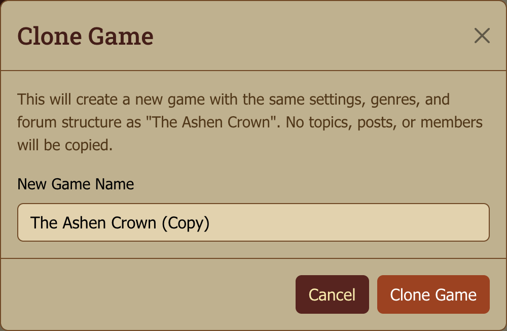 The Clone Game dialog. The only field is the new game's name.