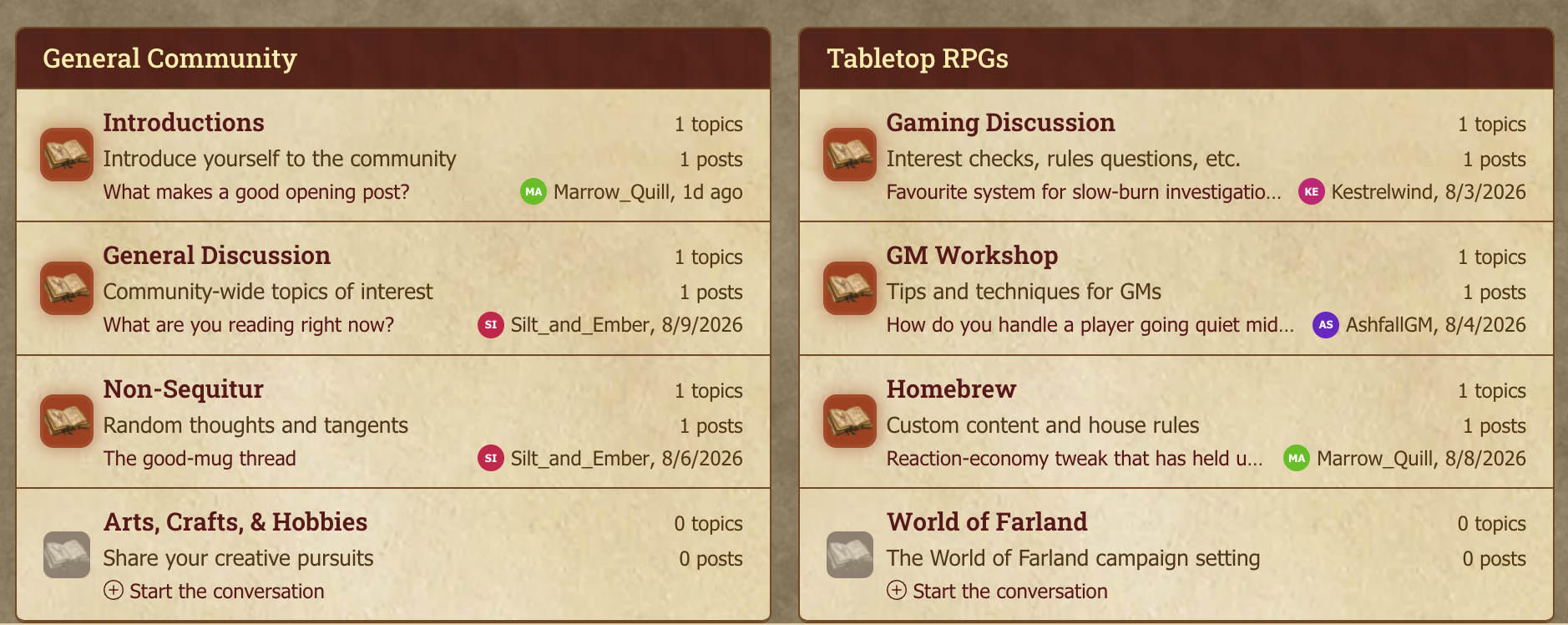 Community forums landing page with category sections.
