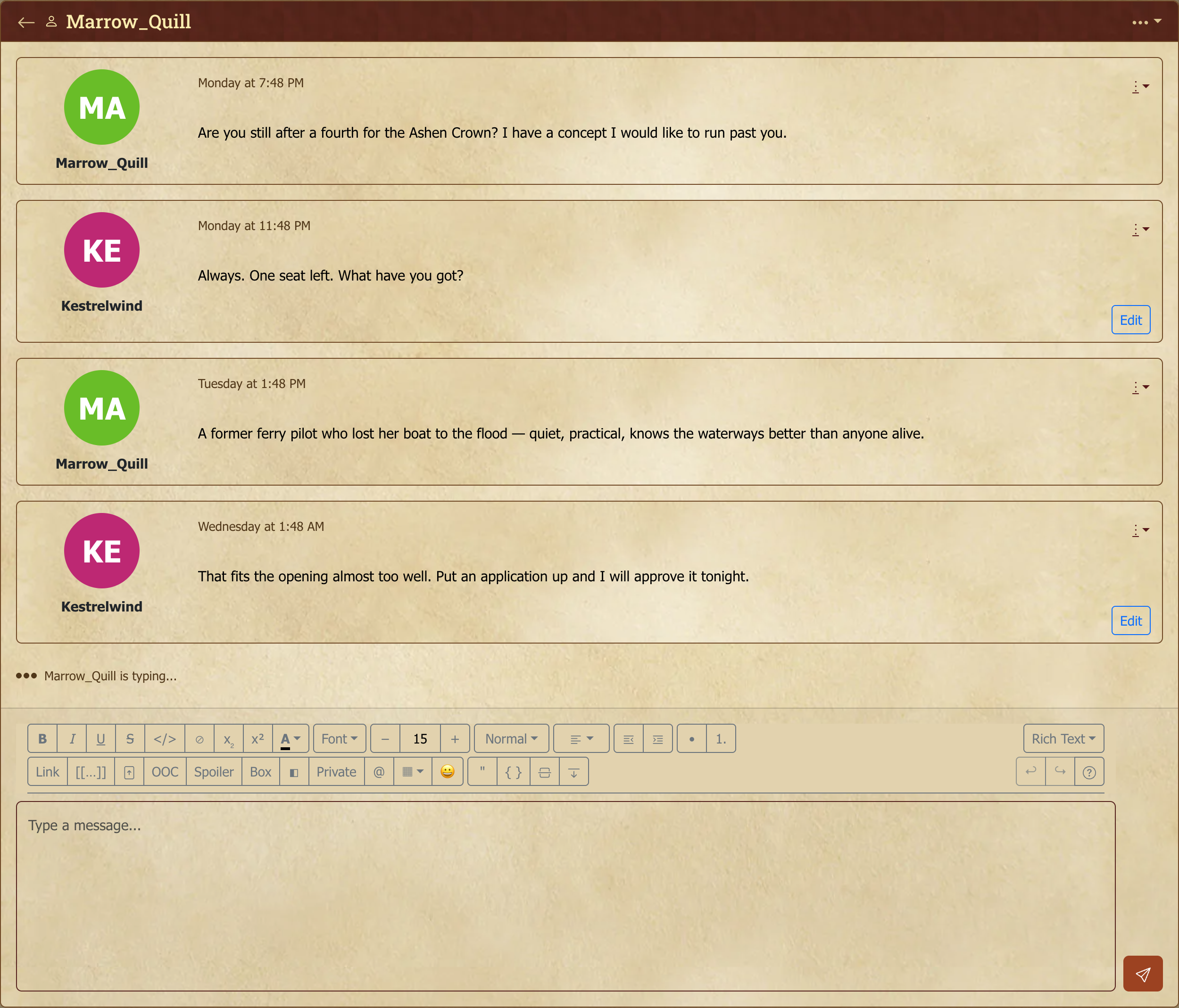 A private conversation. When the other person starts writing, their typing indicator appears below the last message.