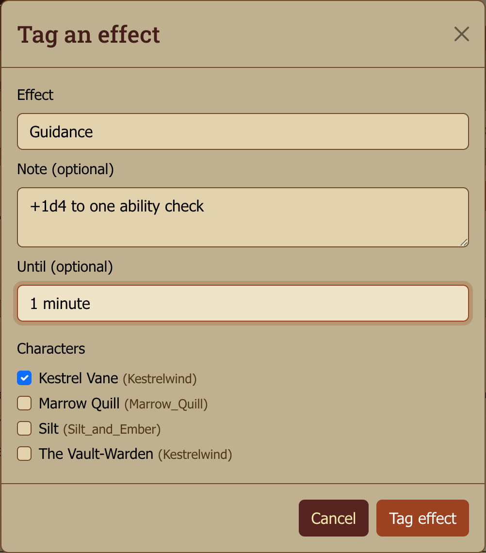 The Tag an effect dialog: a name, an optional note and how long it lasts, with the post's character already ticked.
