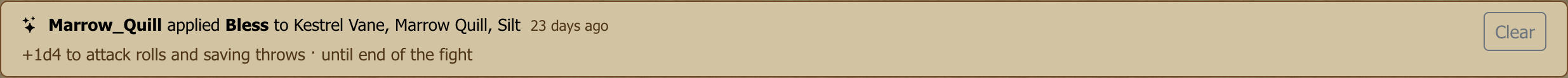 An effect's entry in the timeline, with its note, how long it lasts, and Clear.