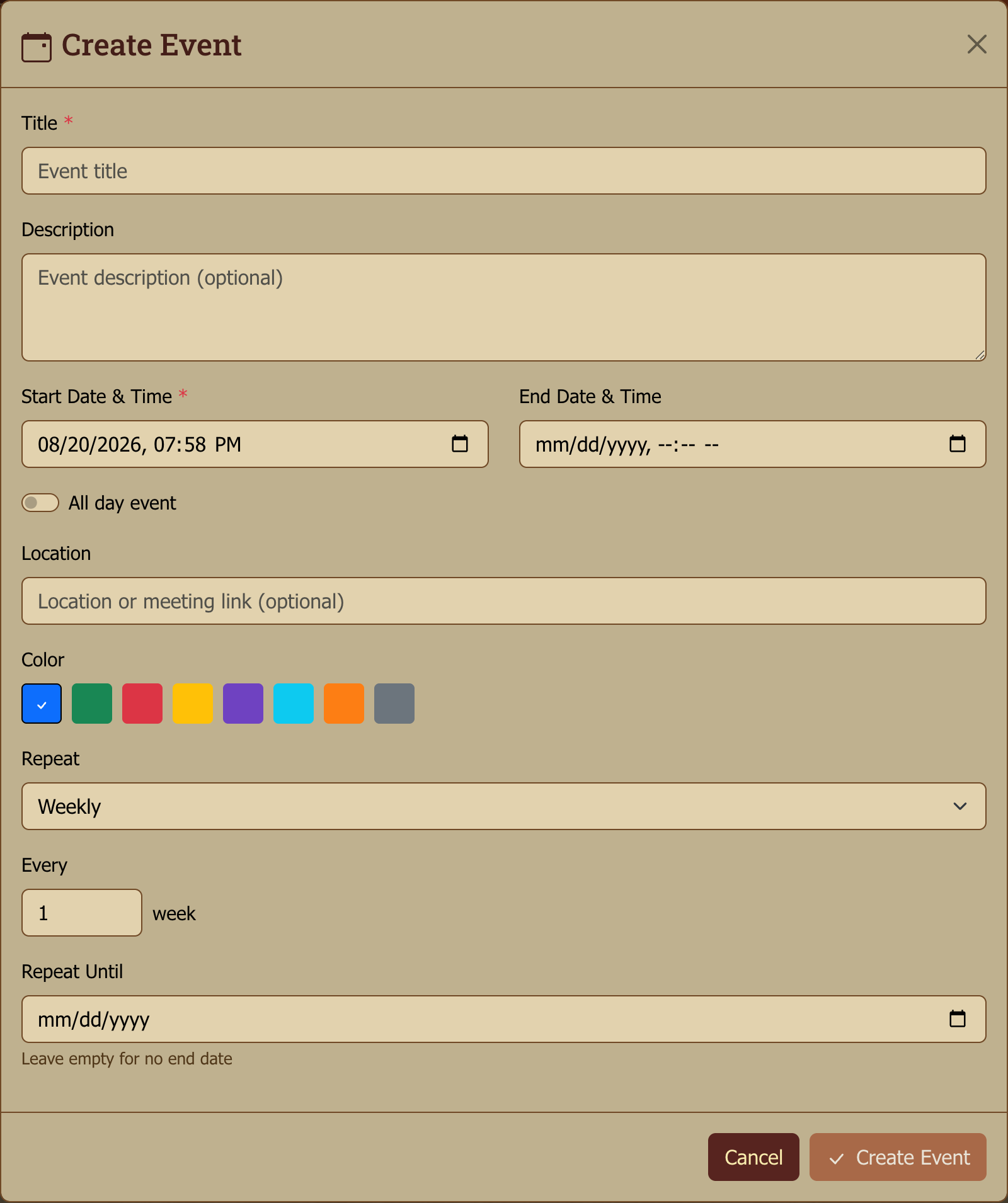 Event creation modal with the recurrence options expanded.