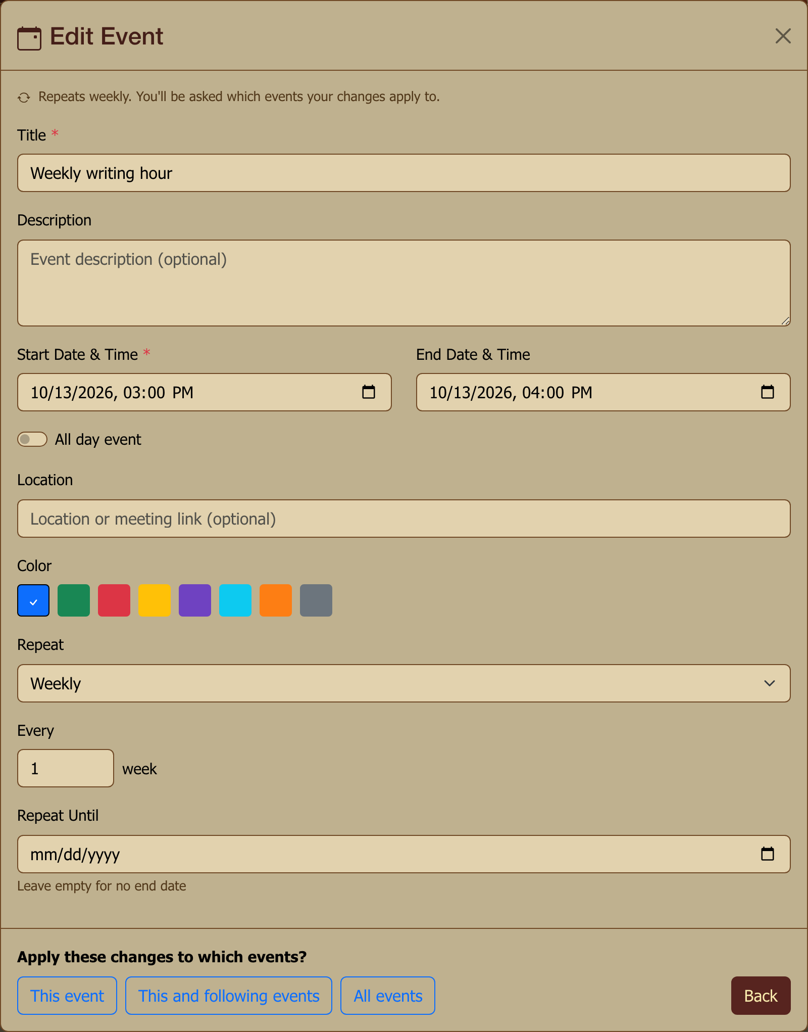 Saving a change to one occurrence of a weekly event: the dialog asks whether it applies to this event, this and following events, or all events.