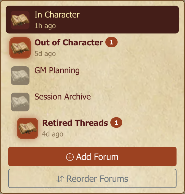 The forum sidebar, listing every forum in the game with unread badges and last-activity dates.