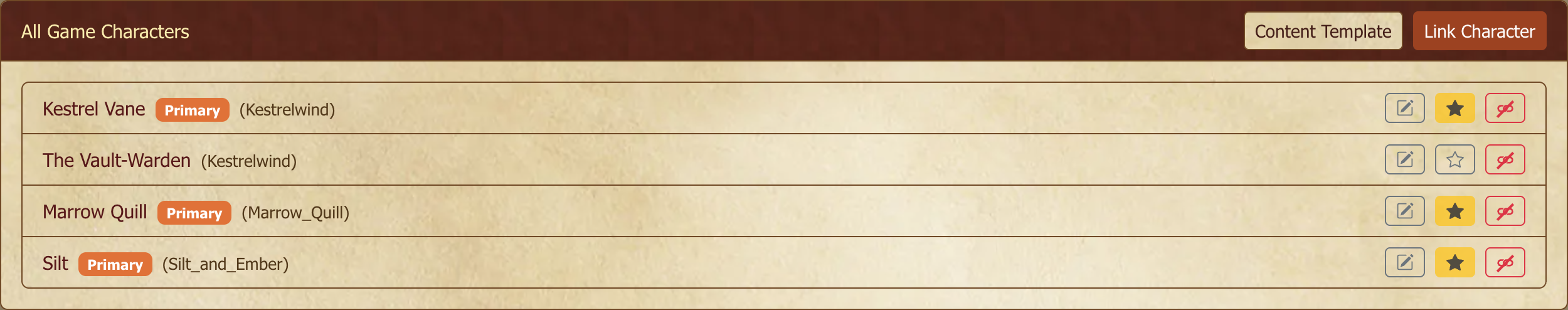 Character roster on a game's Characters tab.