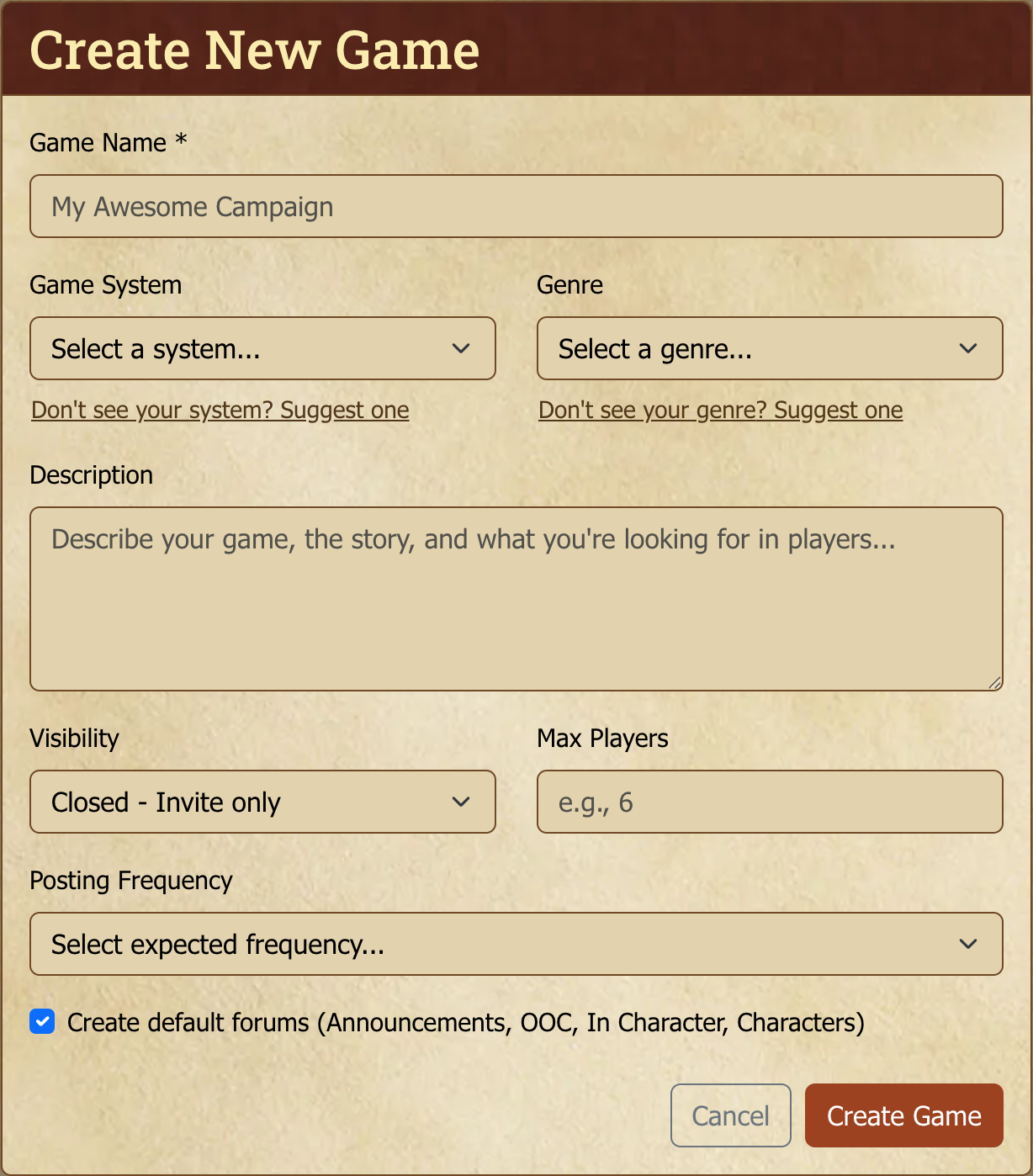 Game creation form.