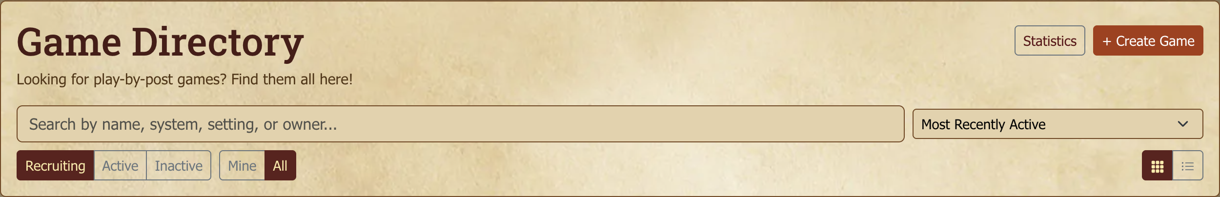 Game Directory with search, status filters, and the sort dropdown.