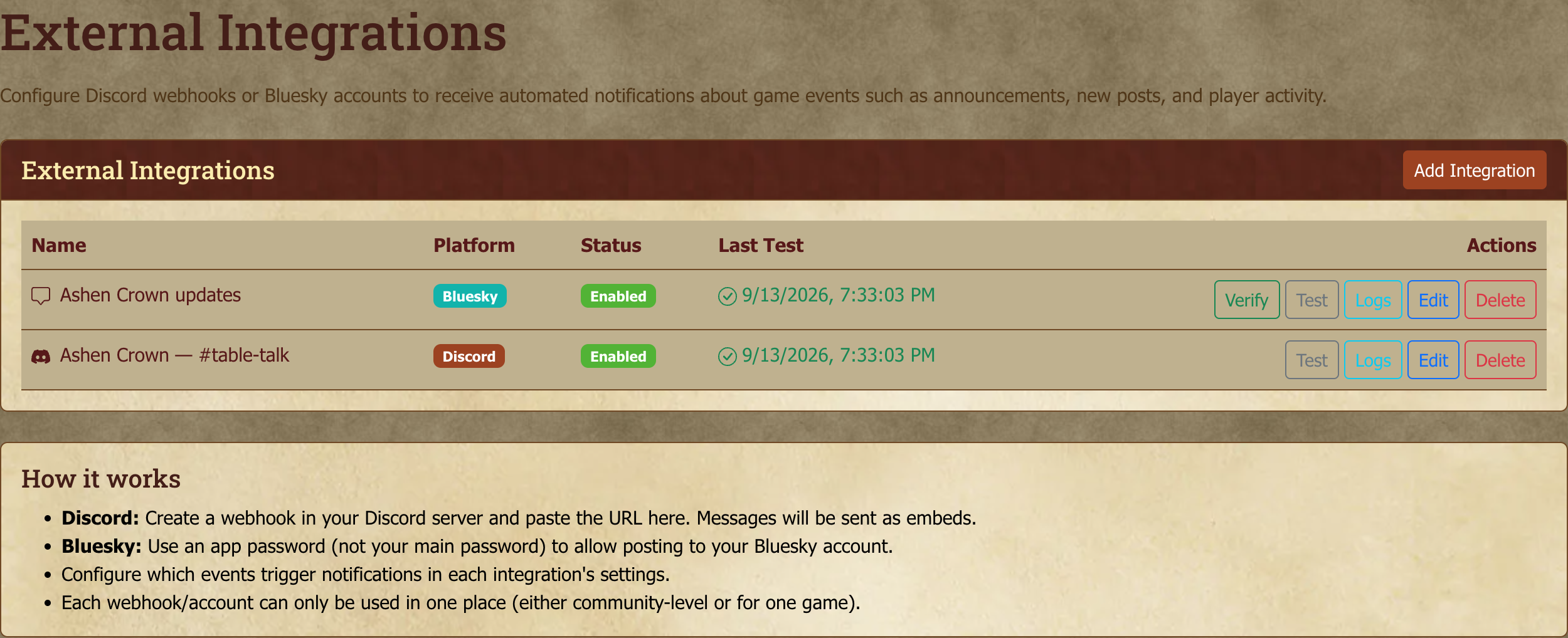 The integrations list for a game, with a Discord webhook and a Bluesky account both enabled.