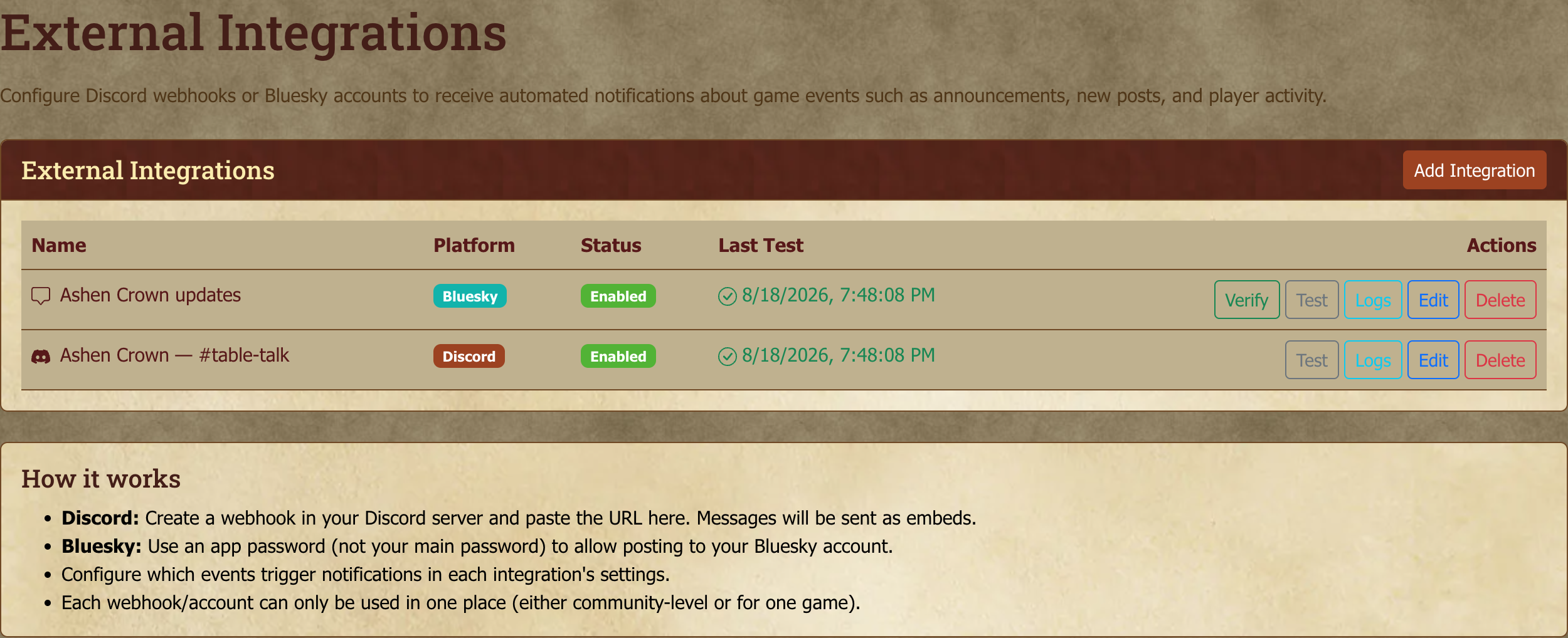 The integrations list for a game, with a Discord webhook and a Bluesky account both enabled.