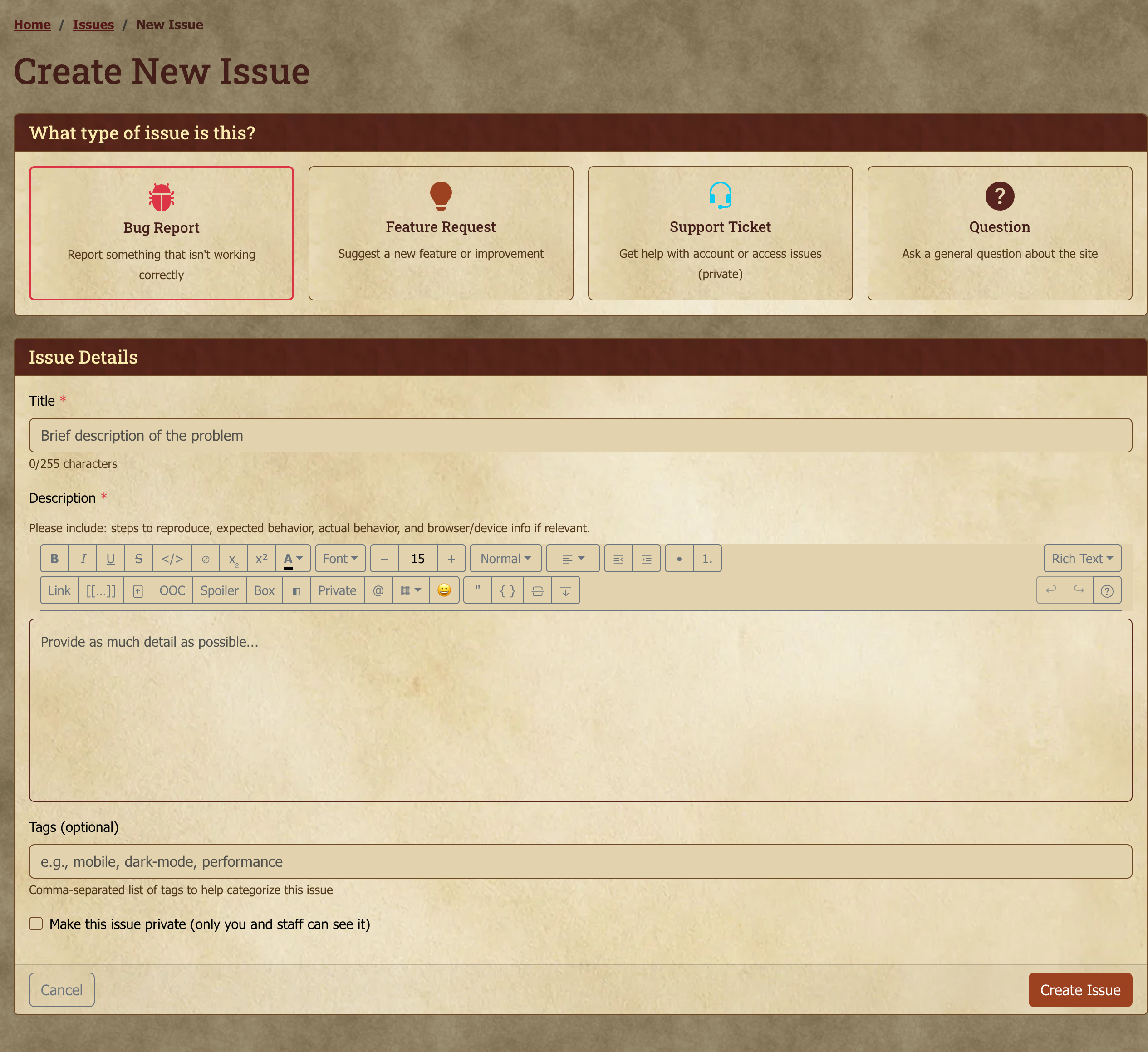 Issue creation form with the type field visible.