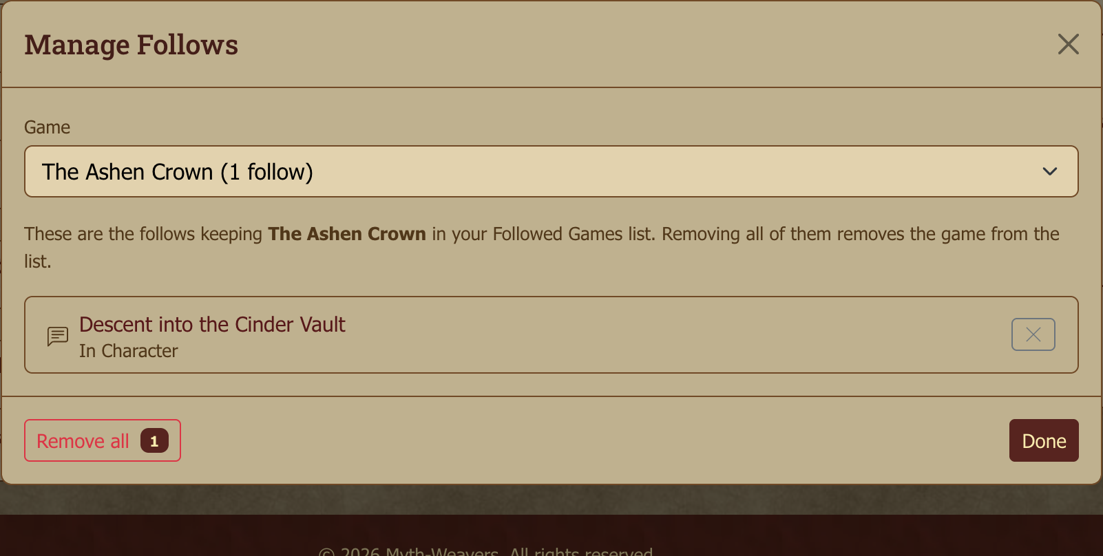 The Manage Follows dialog: everything keeping one game in your Followed Games list, each removable on its own.