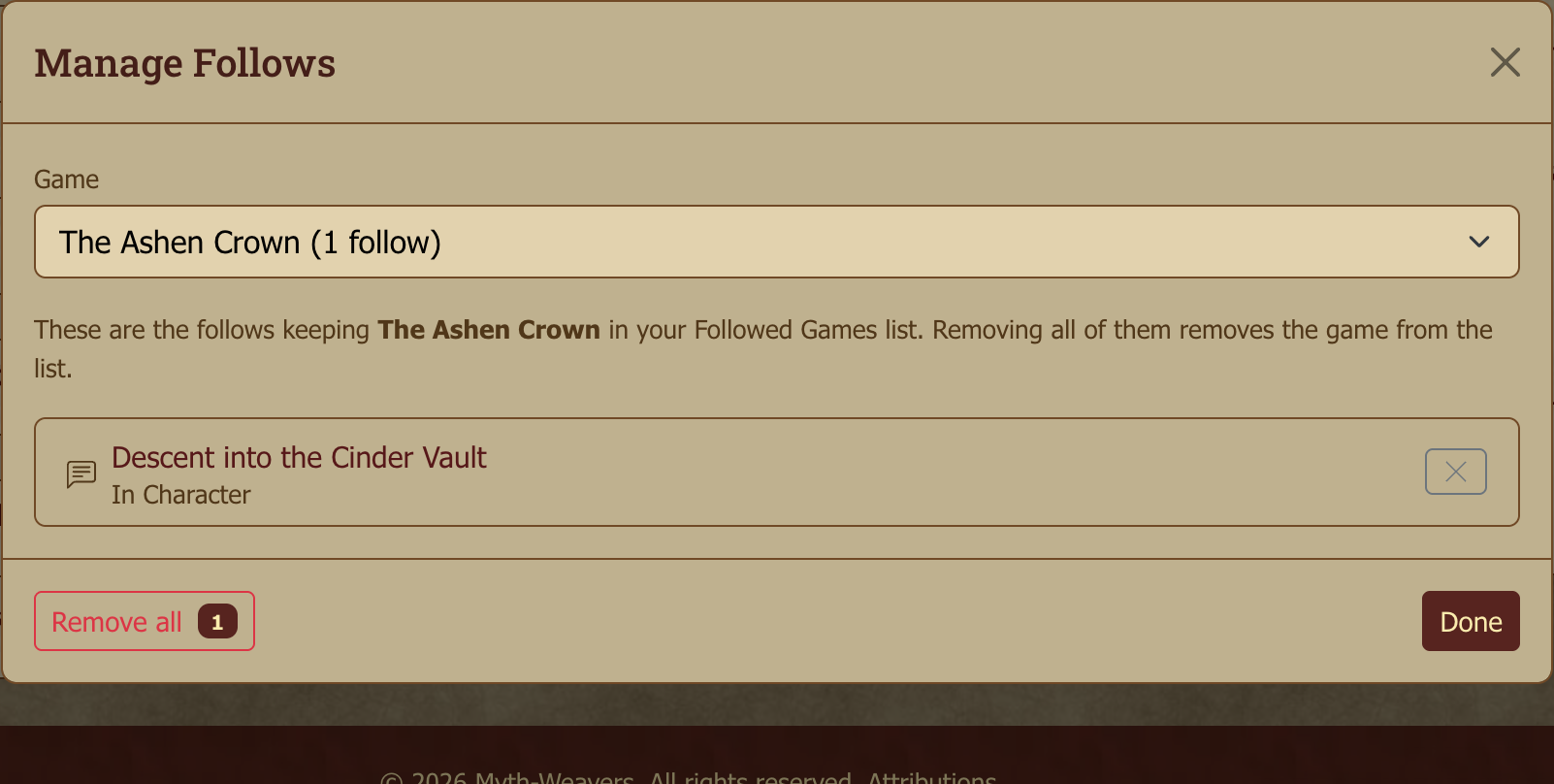 The Manage Follows dialog: everything keeping one game in your Followed Games list, each removable on its own.