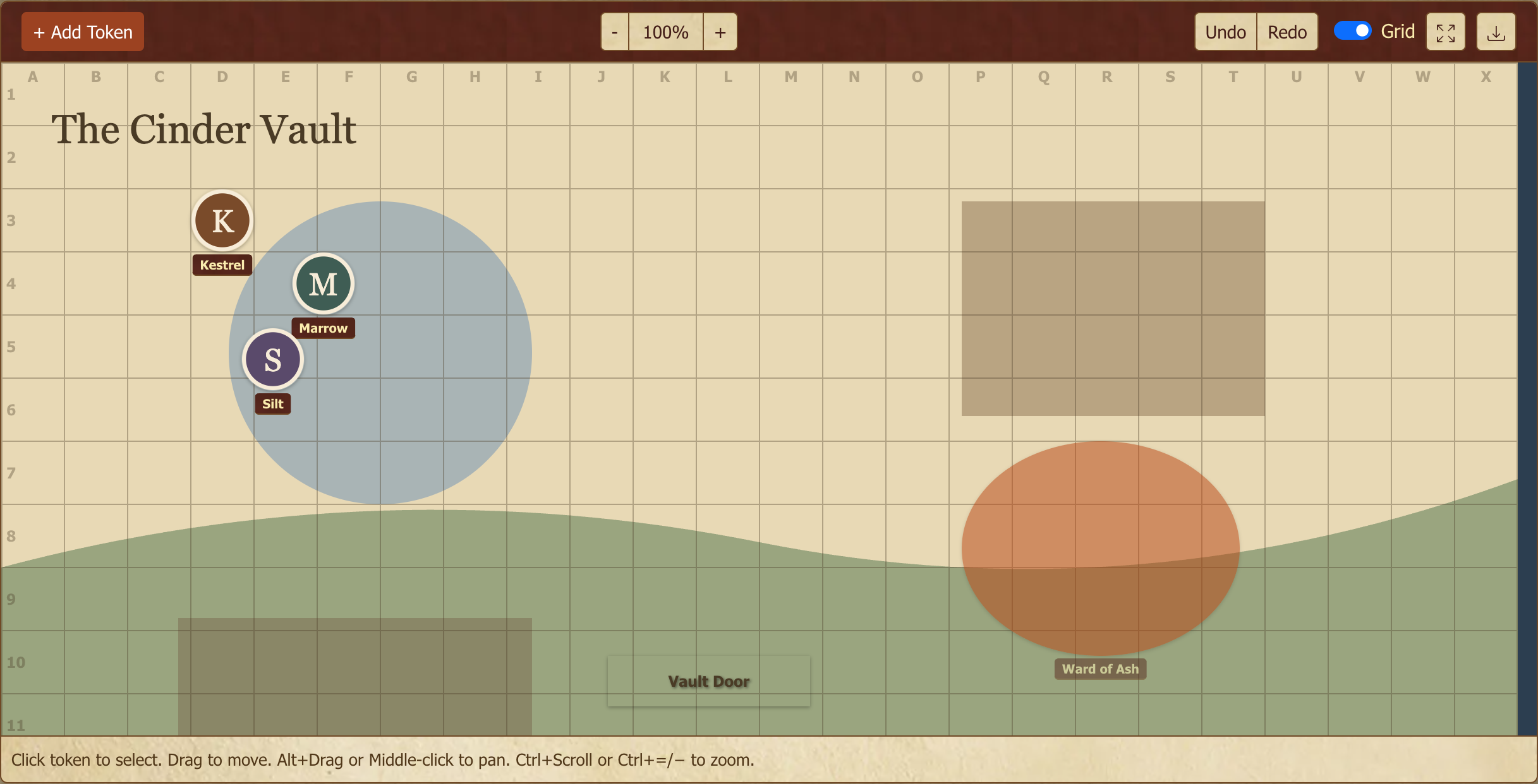 A map with a background, a labelled grid, character tokens, and a shape overlay.