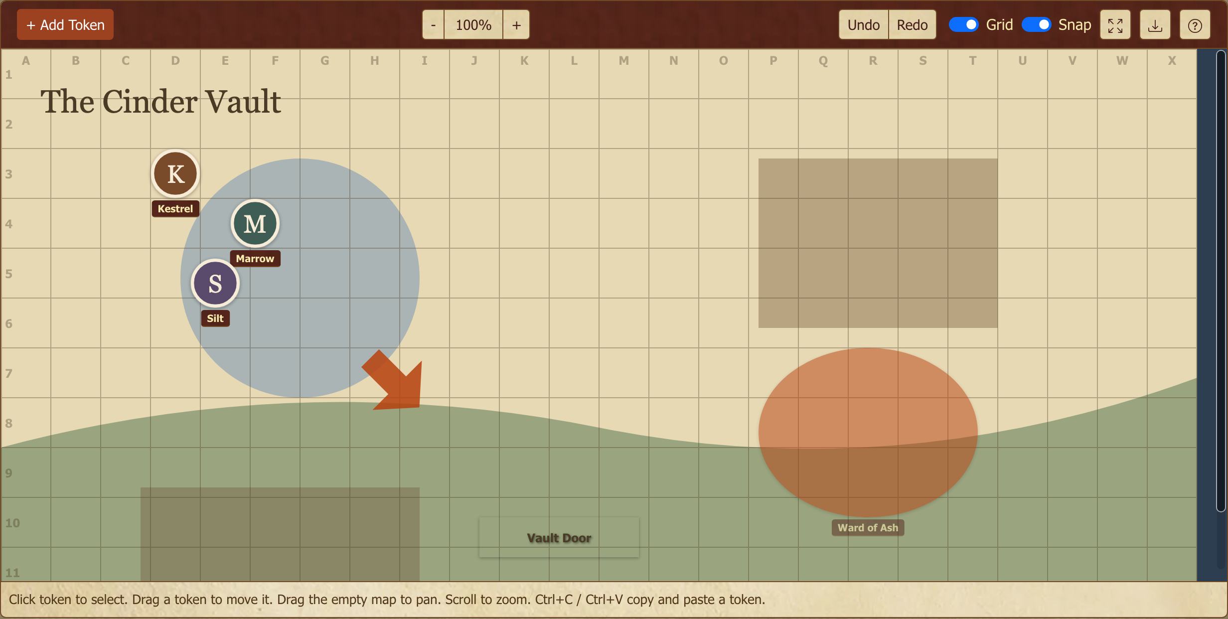 A map with a background, a labelled grid, character tokens, a shape overlay, a text label and a rotated arrow, with the toolbar's Grid and Snap switches and help button at the top right.