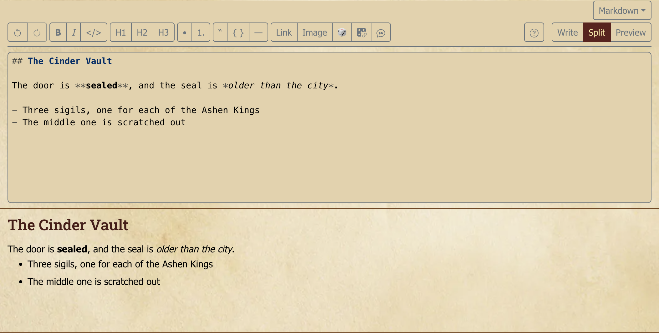 The Markdown editor in Split view — the source on top, the rendered preview stacked below it.