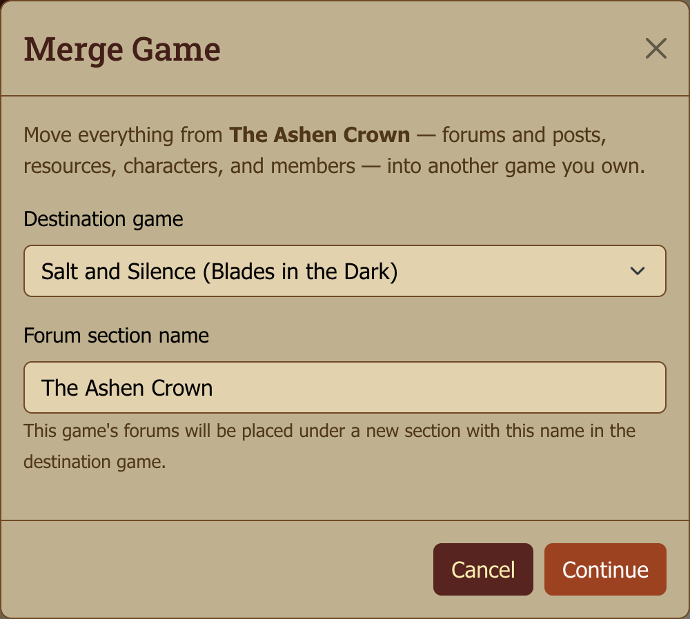 The Merge Game dialog, with a destination game chosen and the section name its forums will be filed under.