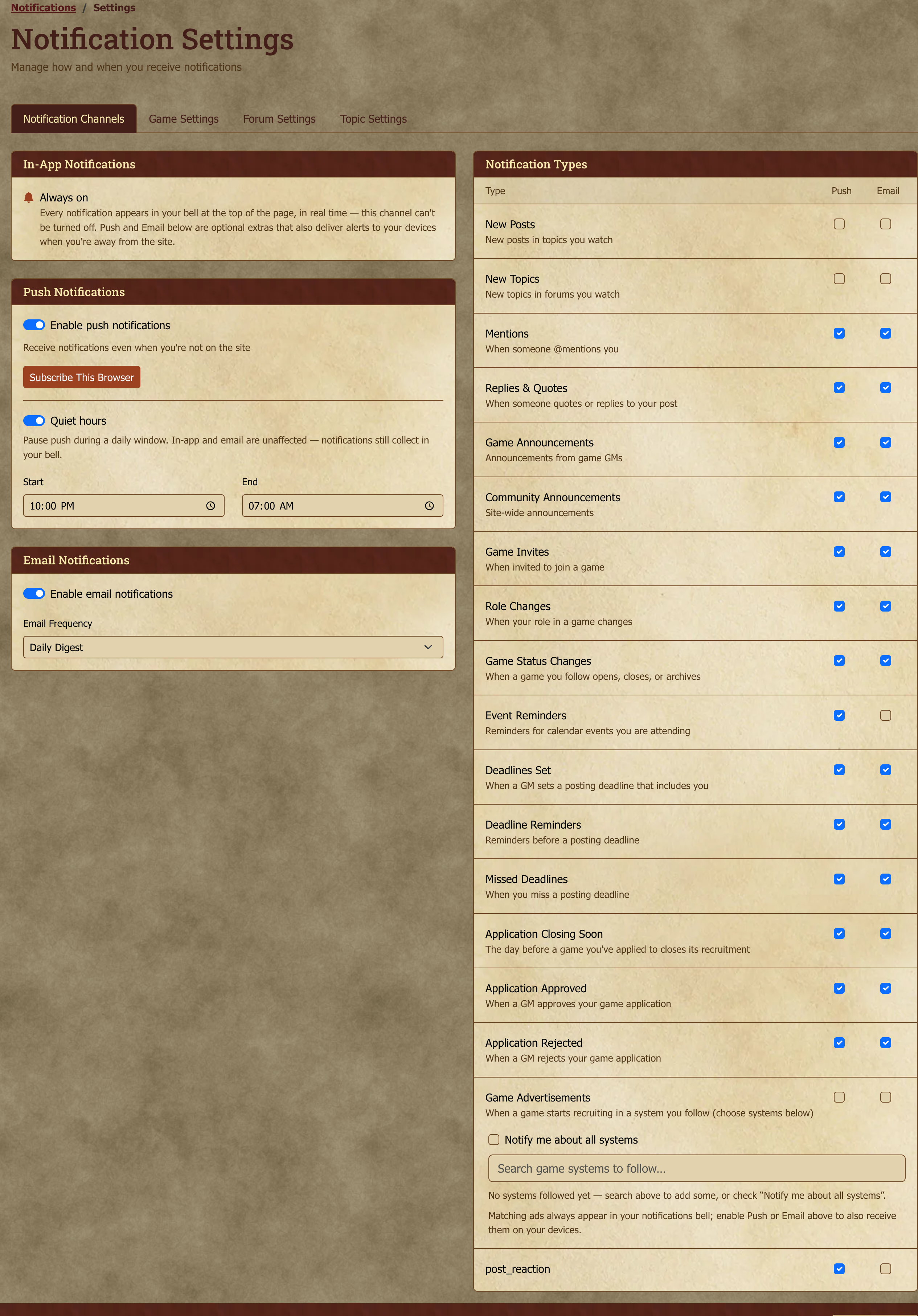 Notification settings page with per-type matrix and quiet-hours configuration.