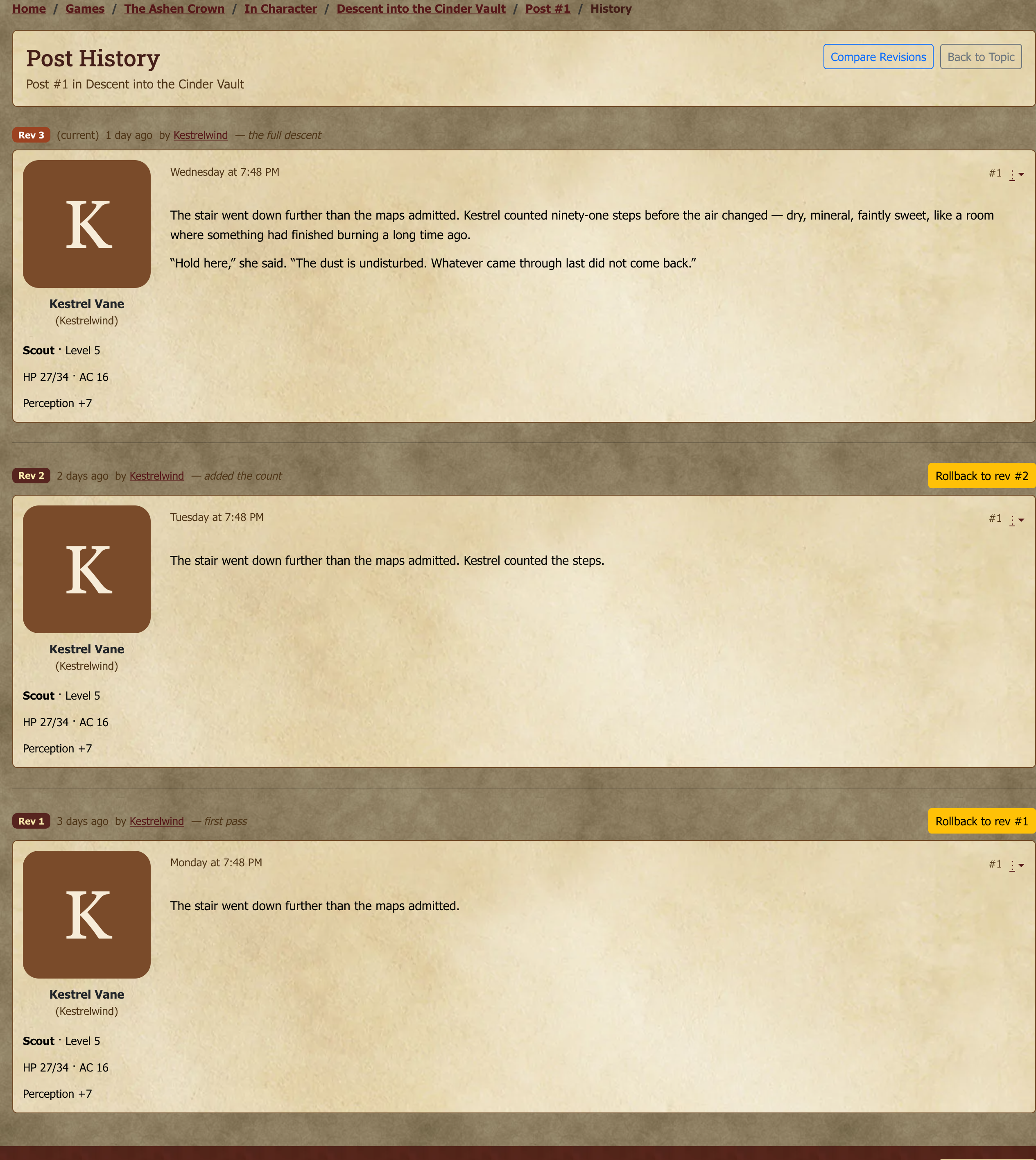 Every revision of a post, newest first, with the current one marked and older ones available to roll back to.
