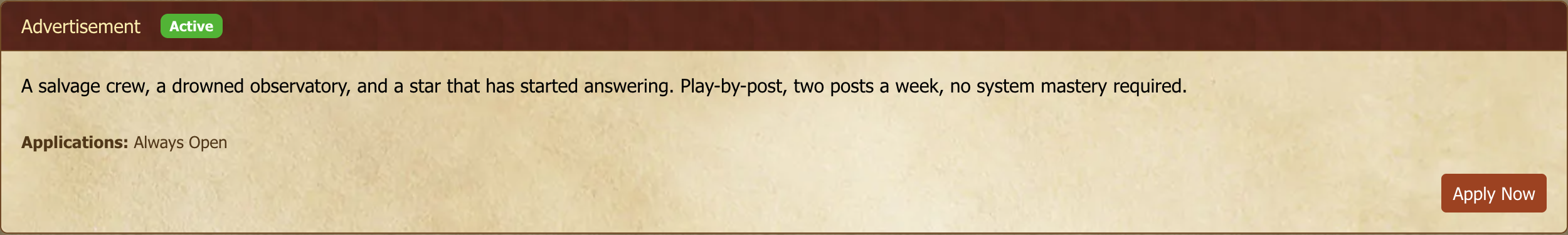 Recruitment tab showing a game's advertisement.