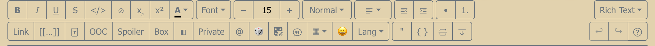 The Rich Text toolbar at full desktop width: formatting controls on the top row, insert controls (OOC, Spoiler, Box, Private, mentions, dice, quotes) on the second, and the mode selector at the right.