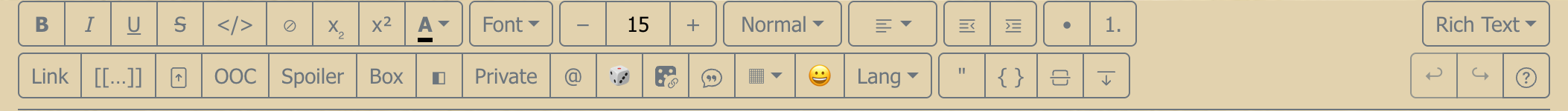 The Rich Text toolbar at full desktop width: formatting controls on the top row, insert controls (OOC, Spoiler, Box, Private, mentions, dice, quotes) on the second, and the mode selector at the right.