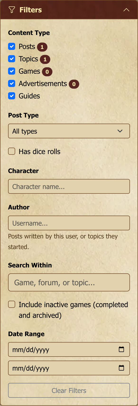 The search filters sidebar, with every filter at its default.