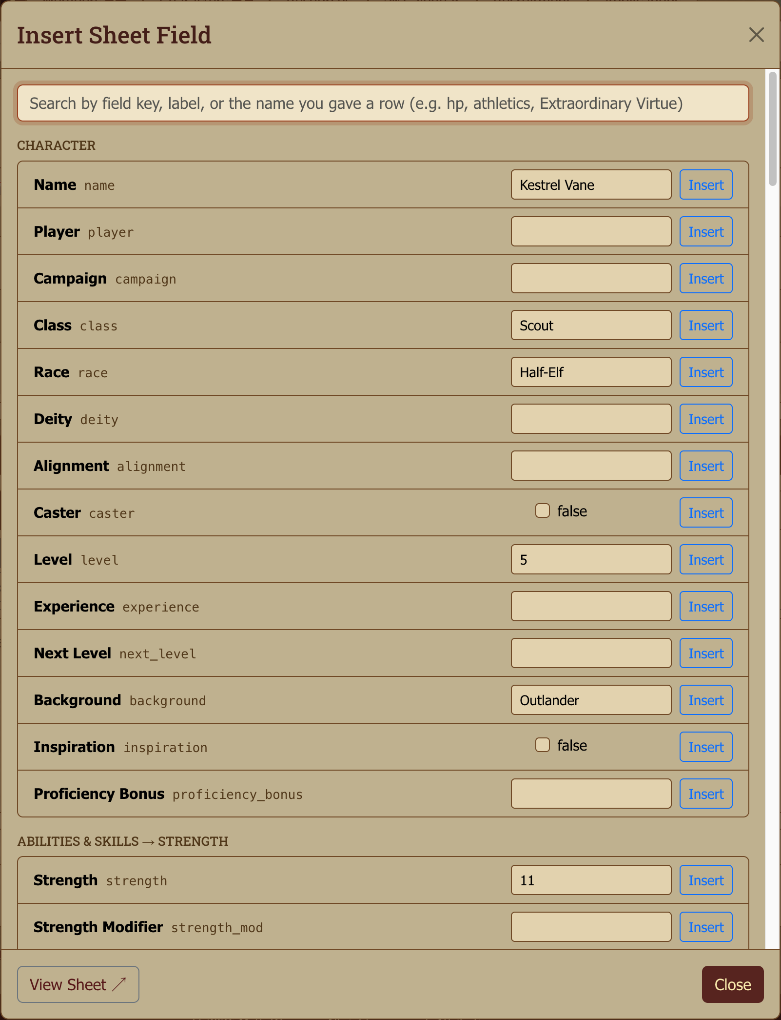 The field picker open on a linked character sheet. Every row shows the field's current value, so you can see what you're about to insert; the box at the top filters as you type.