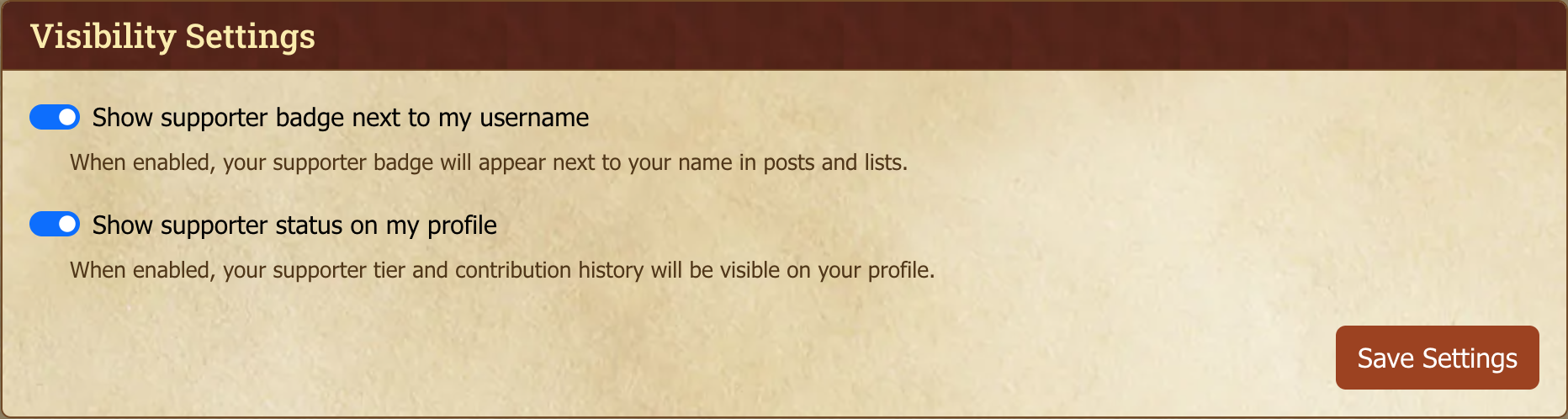 Supporter status and tier overview.