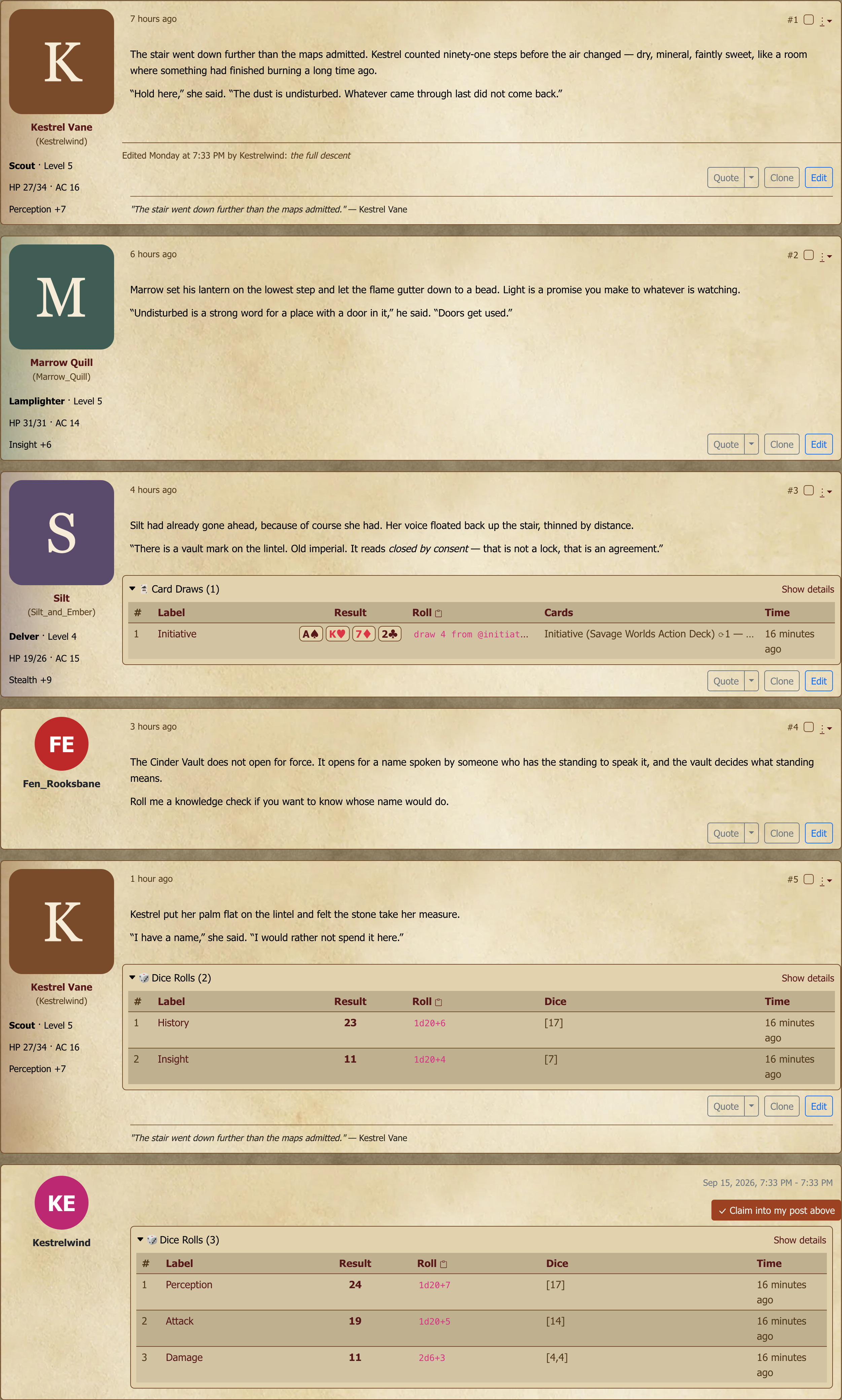 Consecutive posts made as different characters, each with its own avatar and postbit.