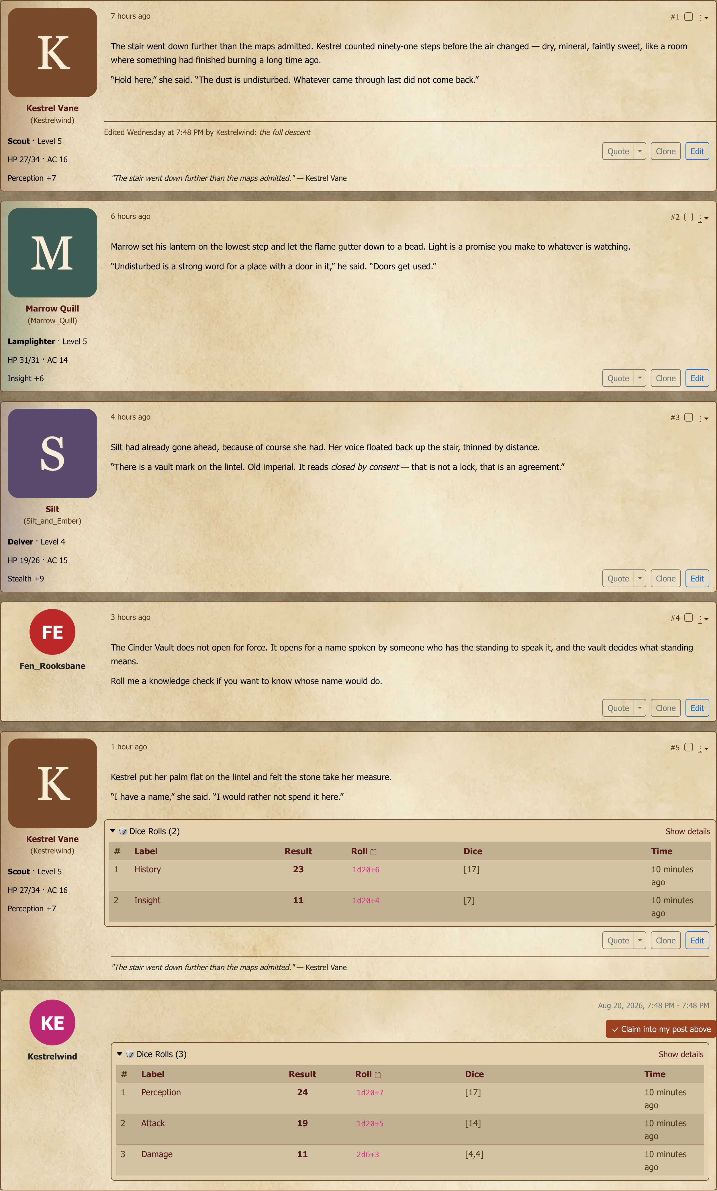Consecutive posts made as different characters, each with its own avatar and postbit.