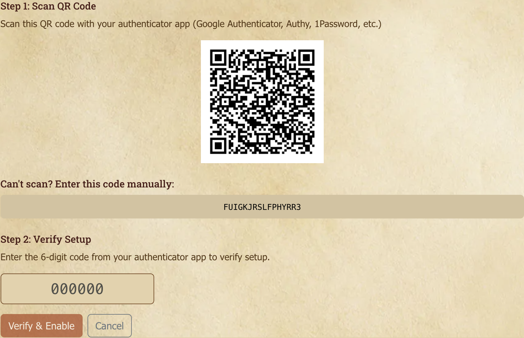 2FA enrolment: scan the QR code, or enter the secret by hand, then confirm with a six-digit code.